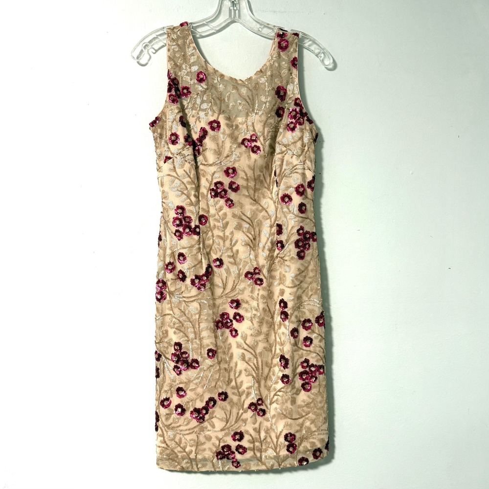 Calvin Klein‎ Beige Floral Sequin Sheath Dress Knee Length Sleeveless Size 4